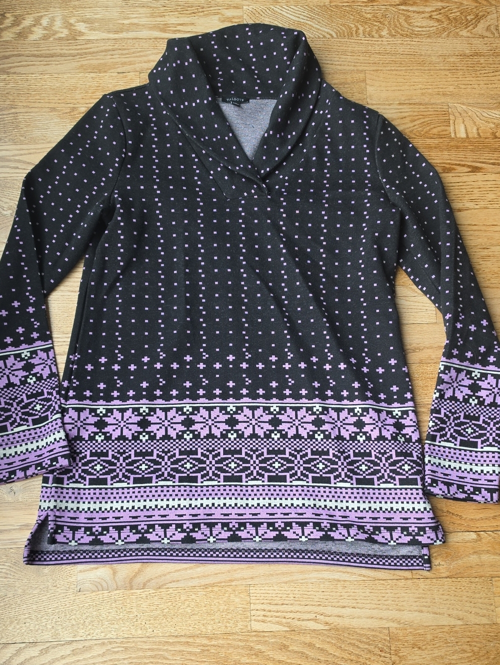 (S) Talbots Black Sweater Tunic Lavender Fair Isle Trim Cozy Cottagecore Ski